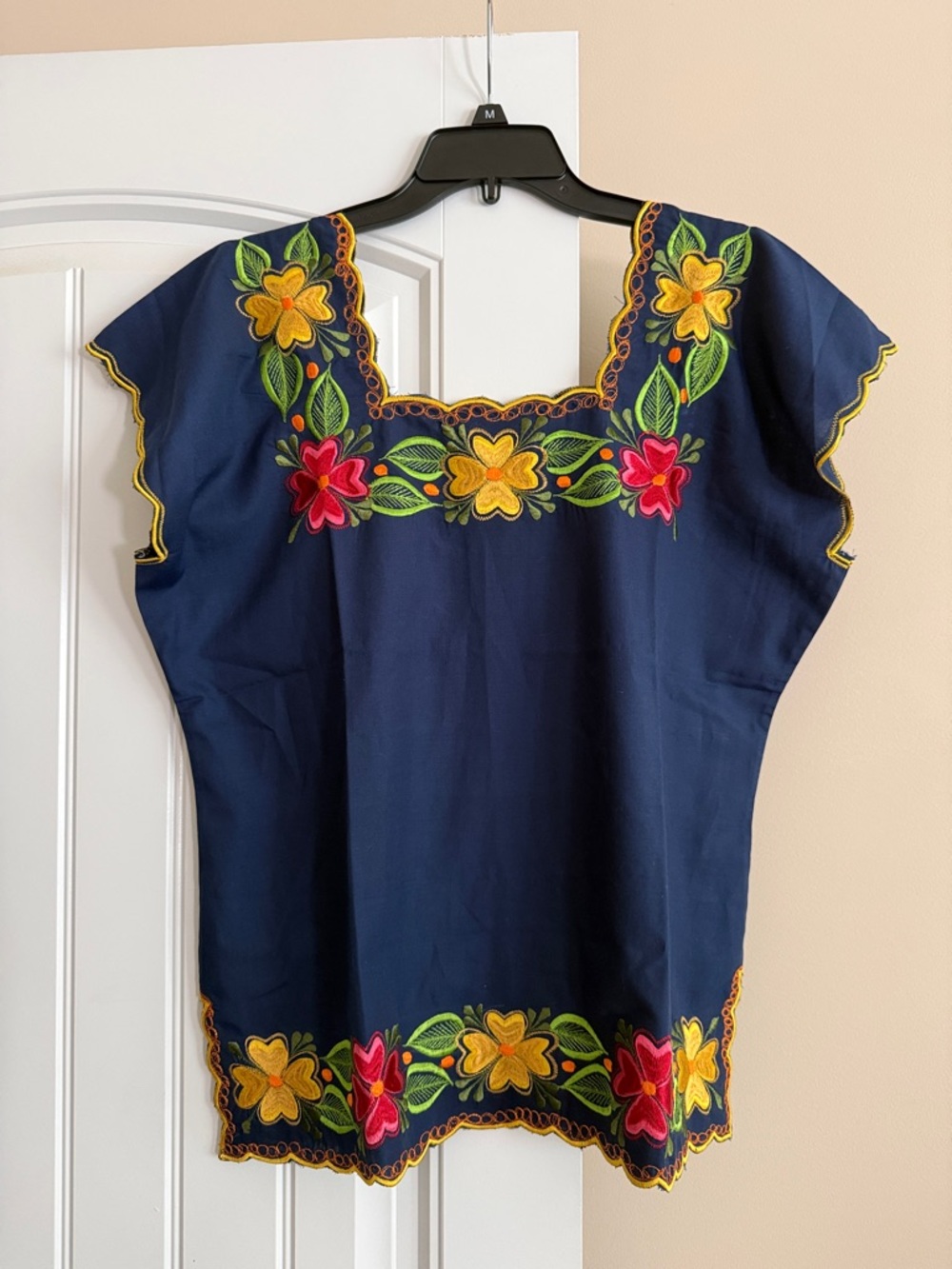 Anthropologie Navy Floral Embroidered Square-Neck Blouse